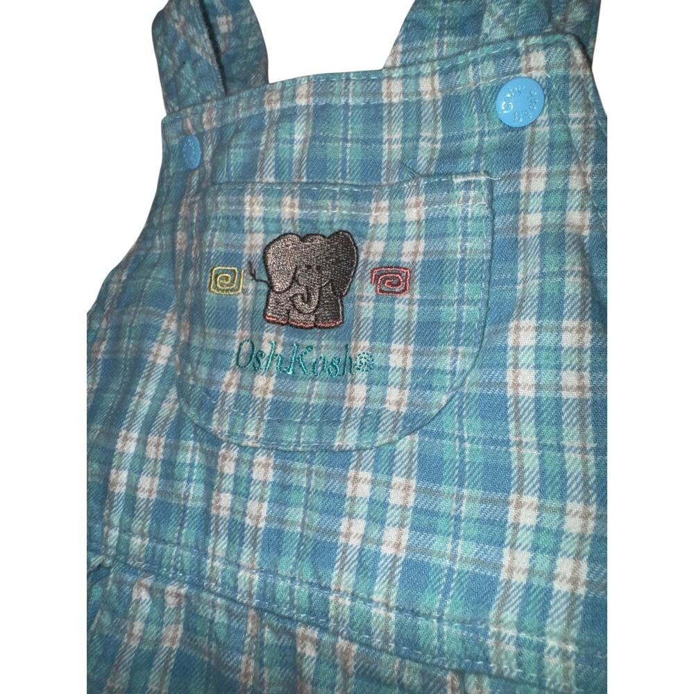 Vintage OshKosh Baby Overalls 90s Plaid Blue Embroidered Elephant Sz 6-9 Mon Y2K